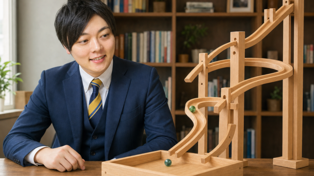 上昇・下落のどちらでも受け止める木製装置を見つめる三好